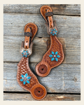 Light Oil Basketweave Spur Straps - Copper Floral Conchos #SS101 on a warm cream background