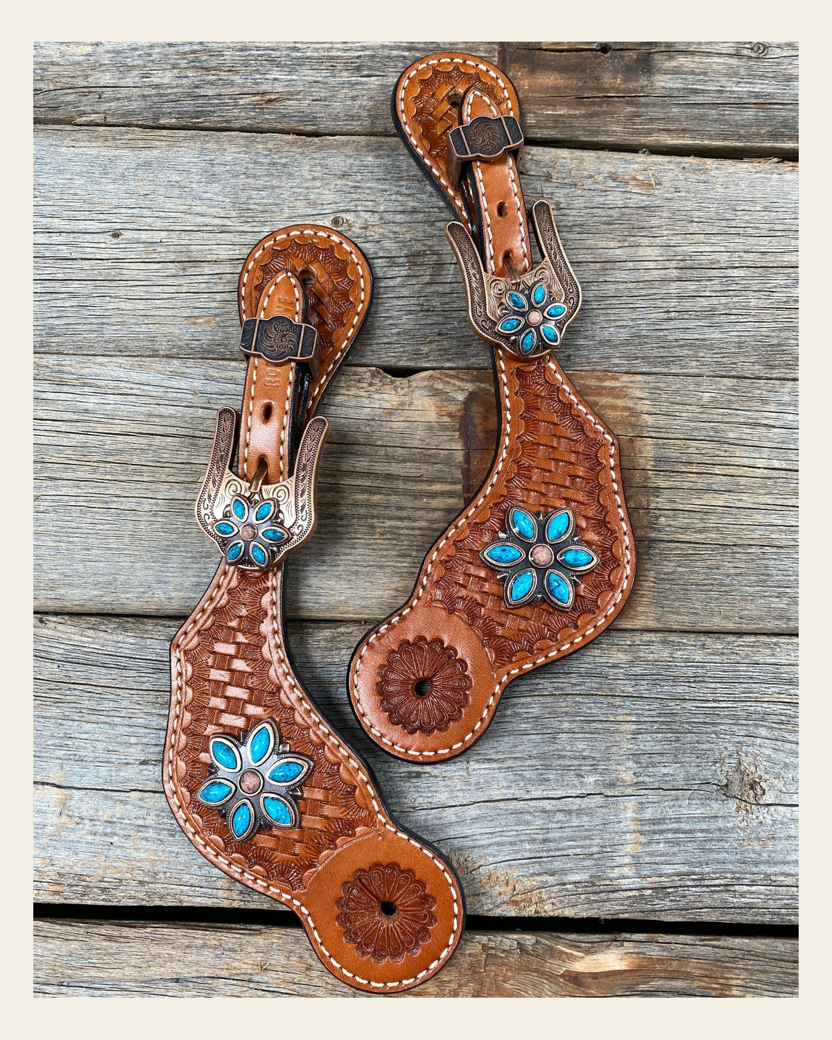 Light Oil Basketweave Spur Straps - Copper Floral Conchos #SS101 on a warm cream background