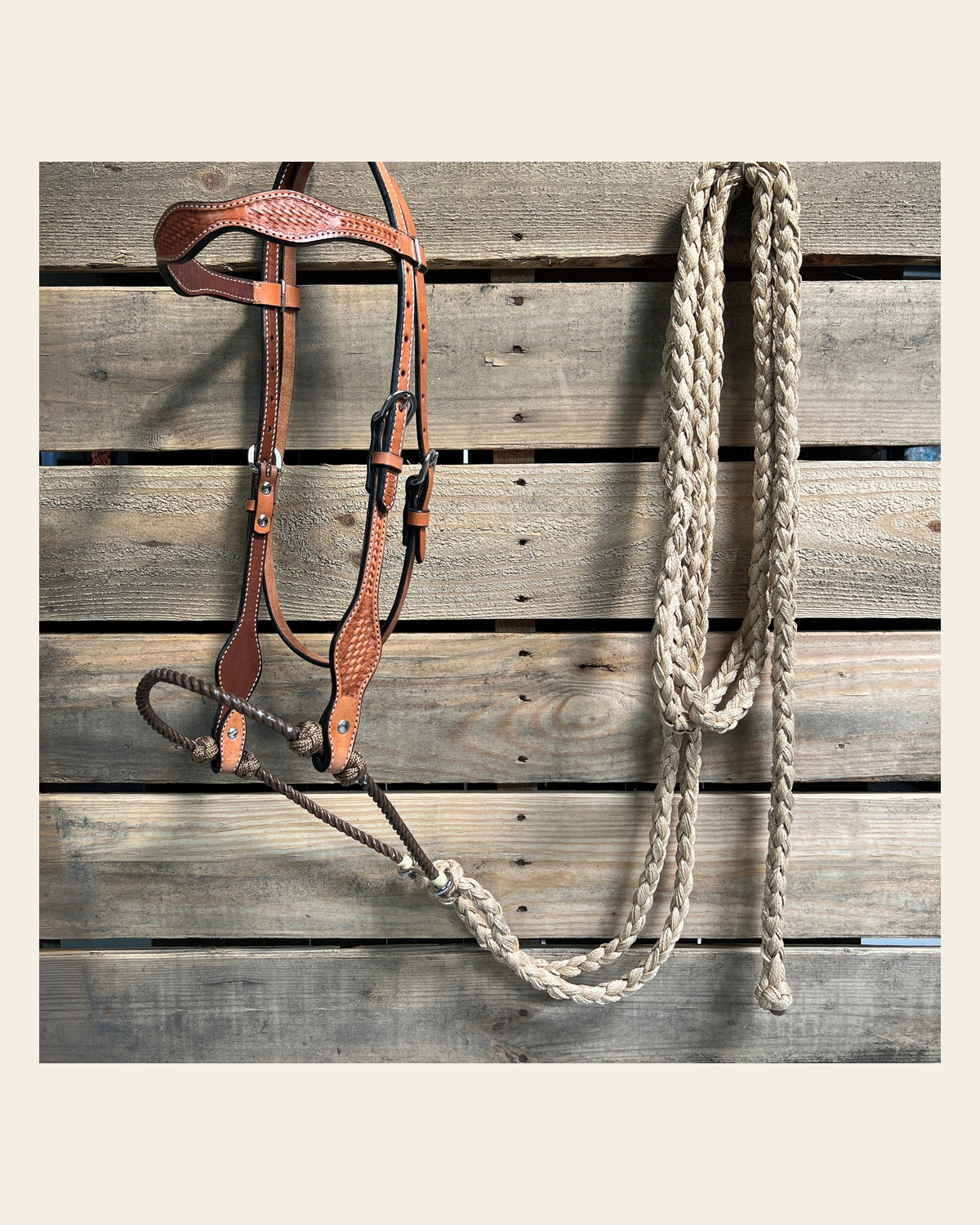 Light Oil Basketweave Tan Loping Hackamore #LHK013 on a warm cream background