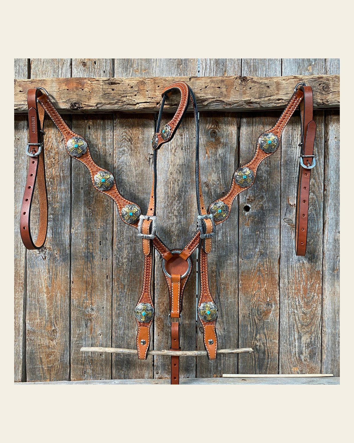 Light Oil Basketweave Turquoise and Cross One Ear Tack Set #OEBC659 on a warm cream background