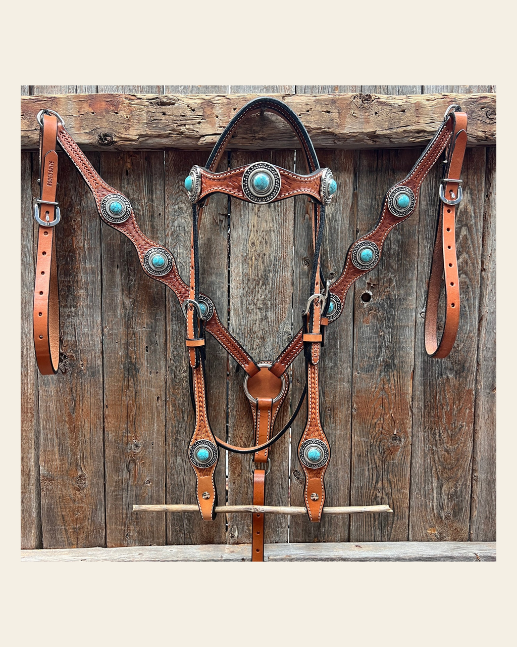Light Oil Basketweave Turquoise and Dots Browband/One Ear Tack Set #BBBC639 on a warm cream background