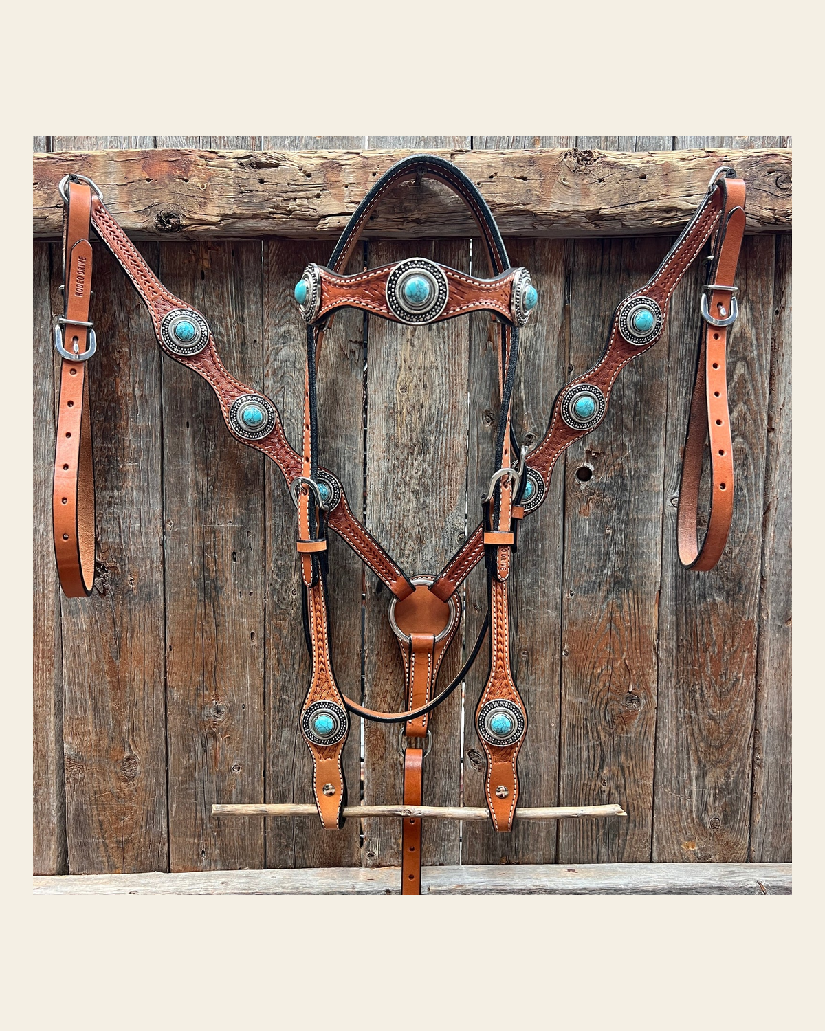 Light Oil Basketweave Turquoise and Dots Browband/One Ear Tack Set #BBBC639 on a warm cream background
