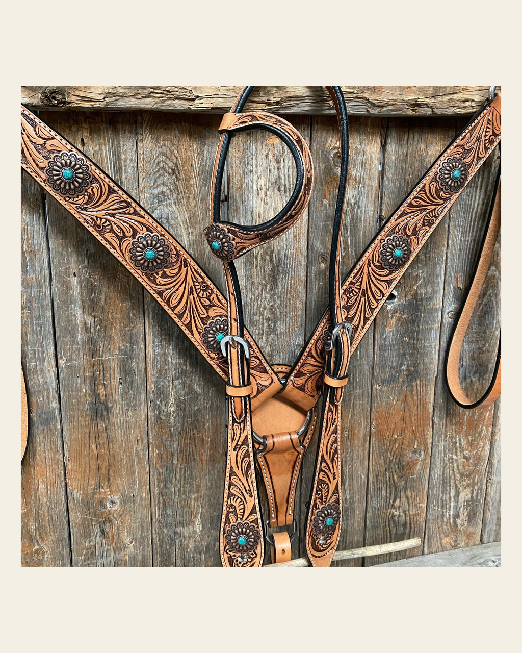 Light Oil Buckaroo Roper Flower Turquoise Browband/One Ear & Breastcollar Tack Set #OEBC459 on a warm cream background
