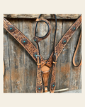 Light Oil Buckaroo Roper Flower Turquoise Browband/One Ear & Breastcollar Tack Set #OEBC459 on a warm cream background