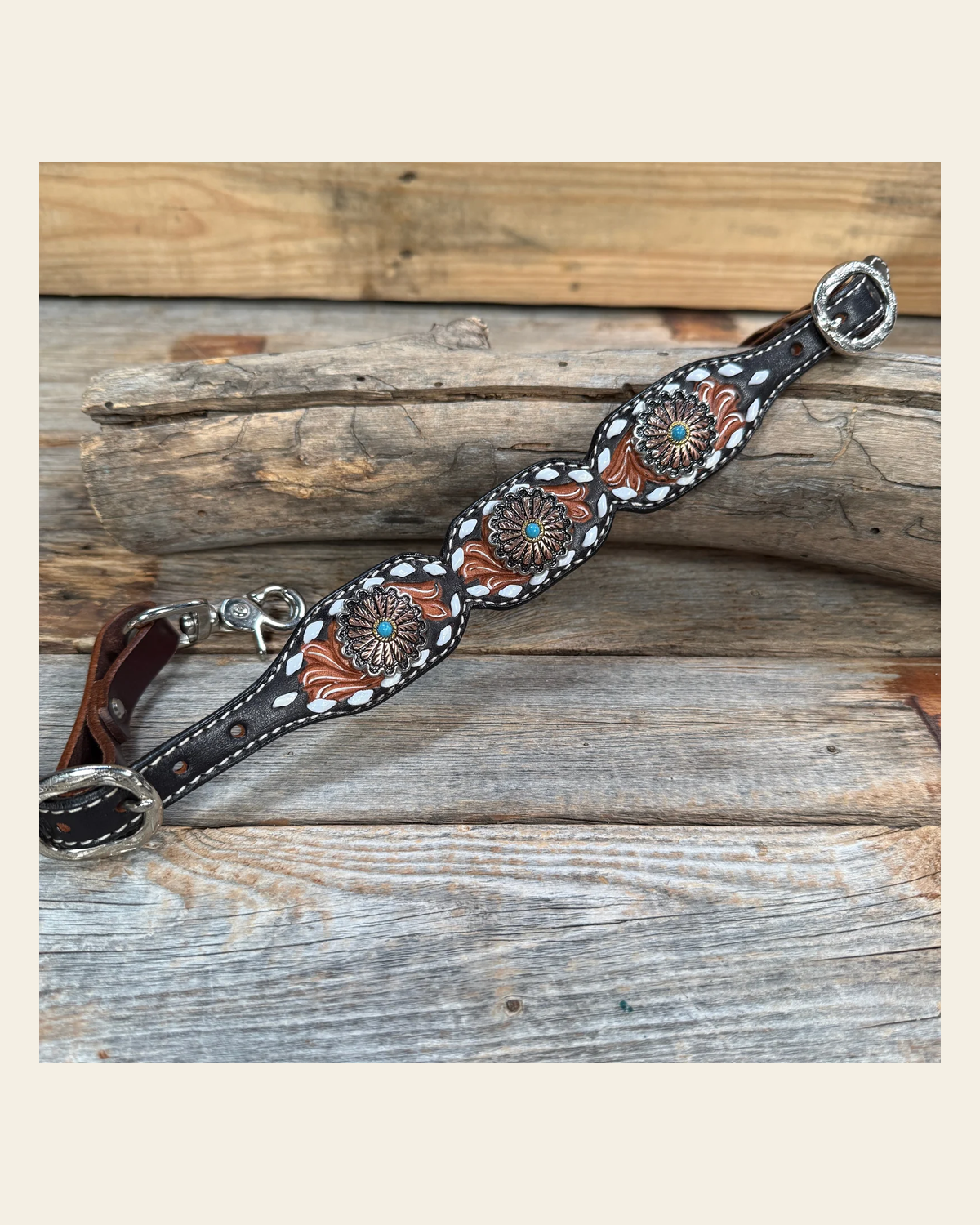 Light Oil Buckstitch Wither Strap #WS112 on a warm cream background