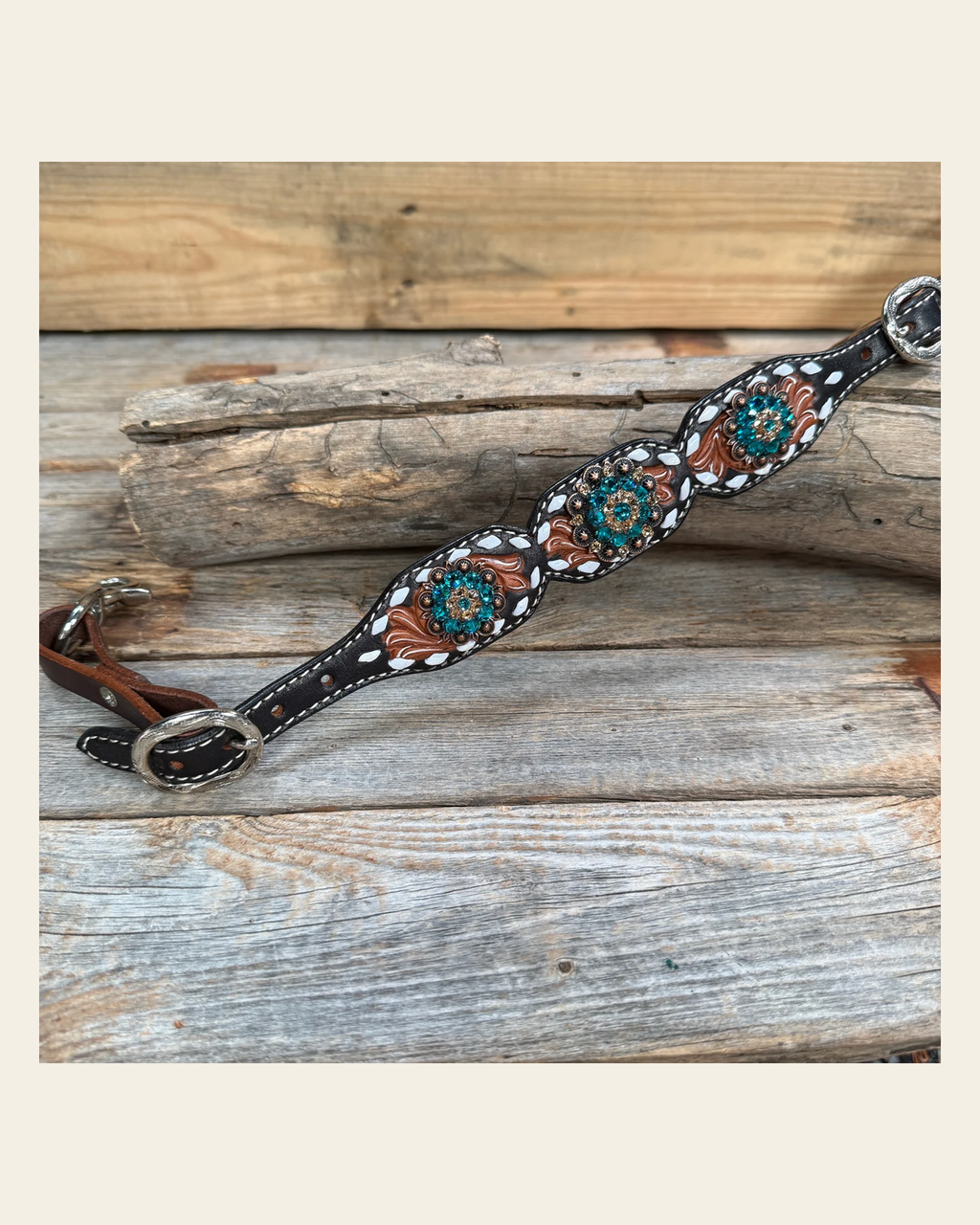 Light Oil Buckstitch Wither Strap #WS114 on a warm cream background