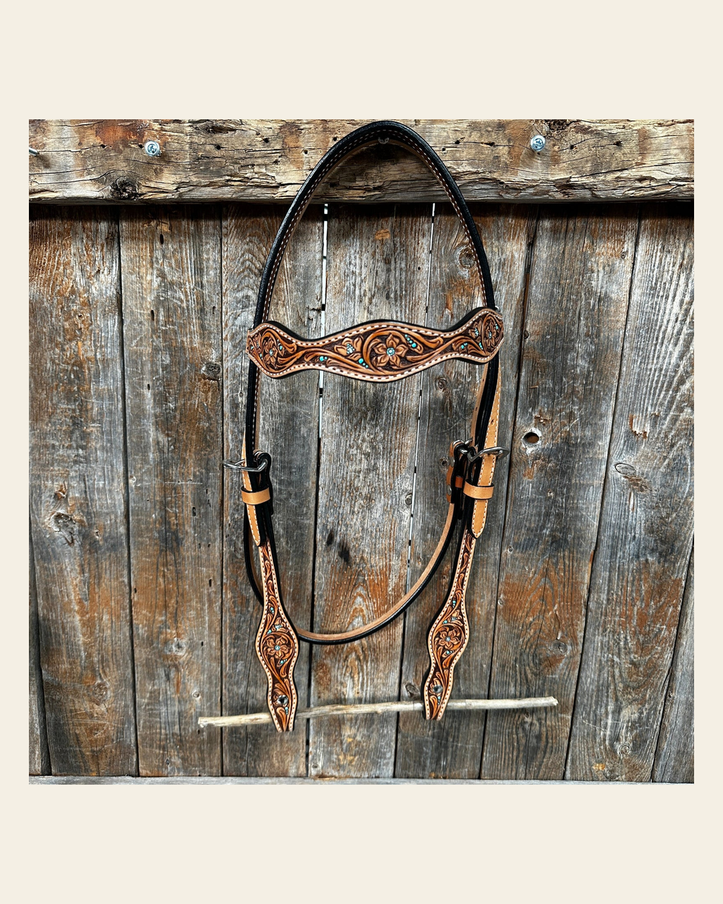 Light Oil Floral and Teal Dot Browband Headstall / Bridle #24337L on a warm cream background