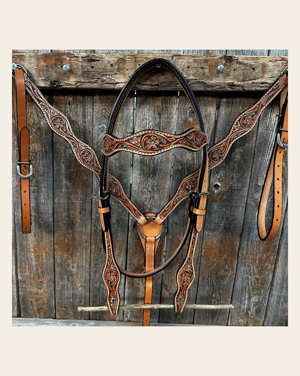 Light Oil Floral and Teal Dot Browband / One Ear Headstall and Breastcollar Tack Sets on a warm cream background