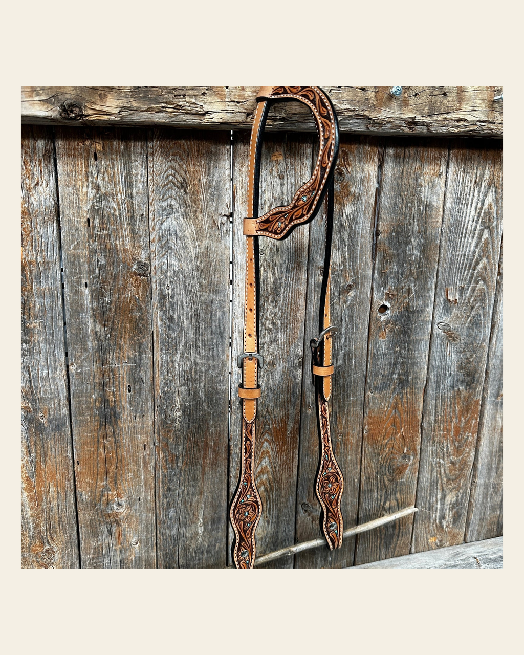 Light Oil Floral and Teal Dot One Ear Headstall / Bridle #24338L on a warm cream background