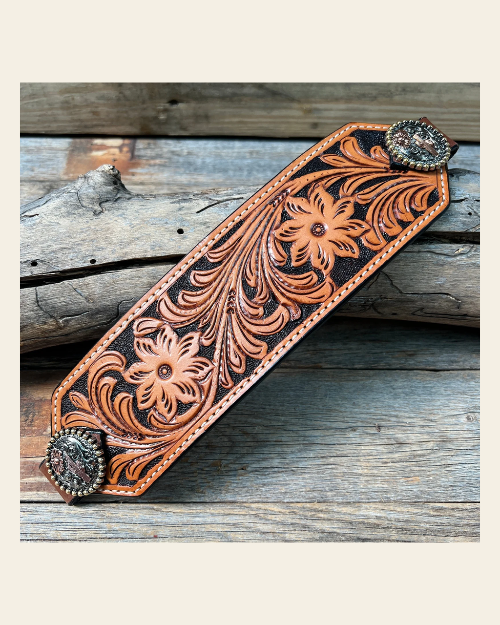 Light Oil Floral Bronc Noseband With Cactus and Flower Conchos on a warm cream background