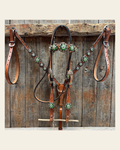 Light Oil Floral Fern, Clear Browband/One Ear Breastcollar Tack Set #BBBC677 on a warm cream background