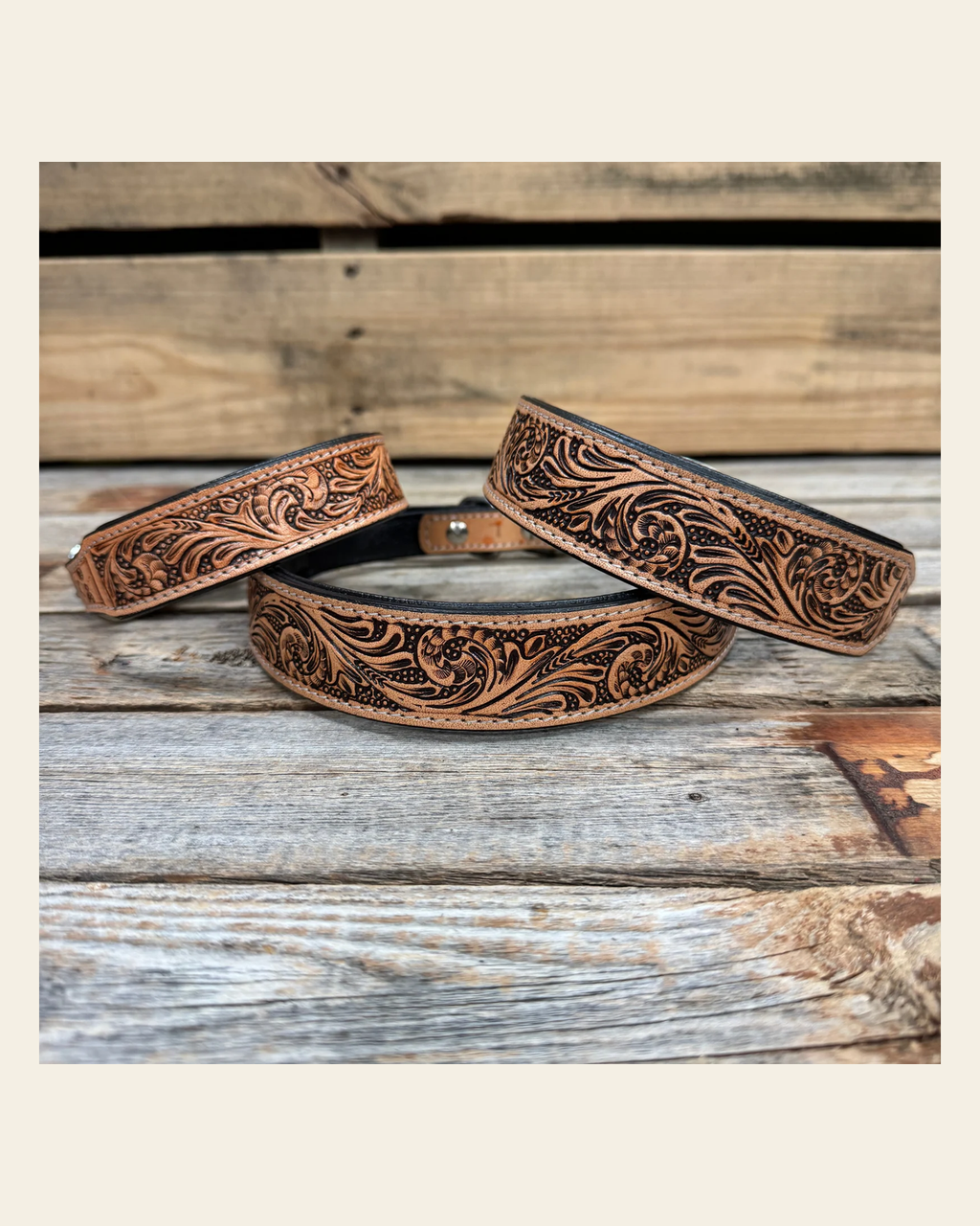 Light Oil Floral Genuine Leather Padded Dog Collar #FKDC3 on a warm cream background