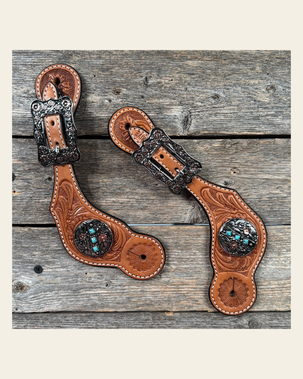 Light Oil Floral Spur Straps | Antique Silver and Copper Conchos #SS145 on a warm cream background