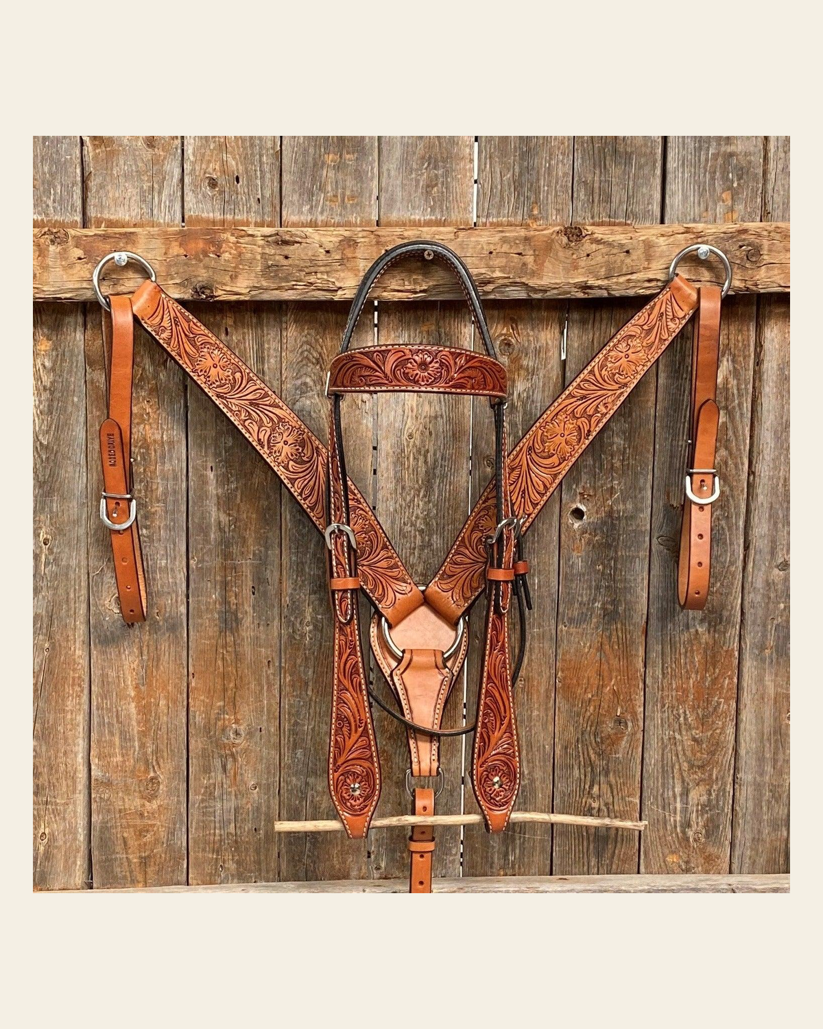 Light Oil Floral Tooled Buckaroo/Roper Style Tack Sets on a warm cream background