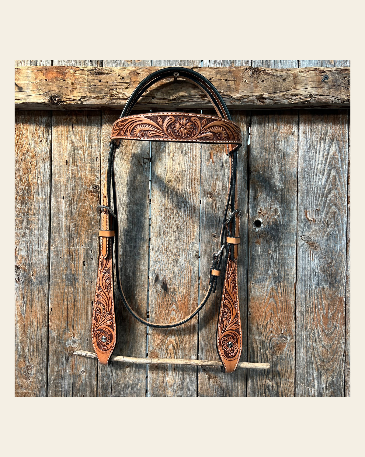 Light Oil Floral Tooled Buckaroo Style Browband Headstall / Bridle on a warm cream background