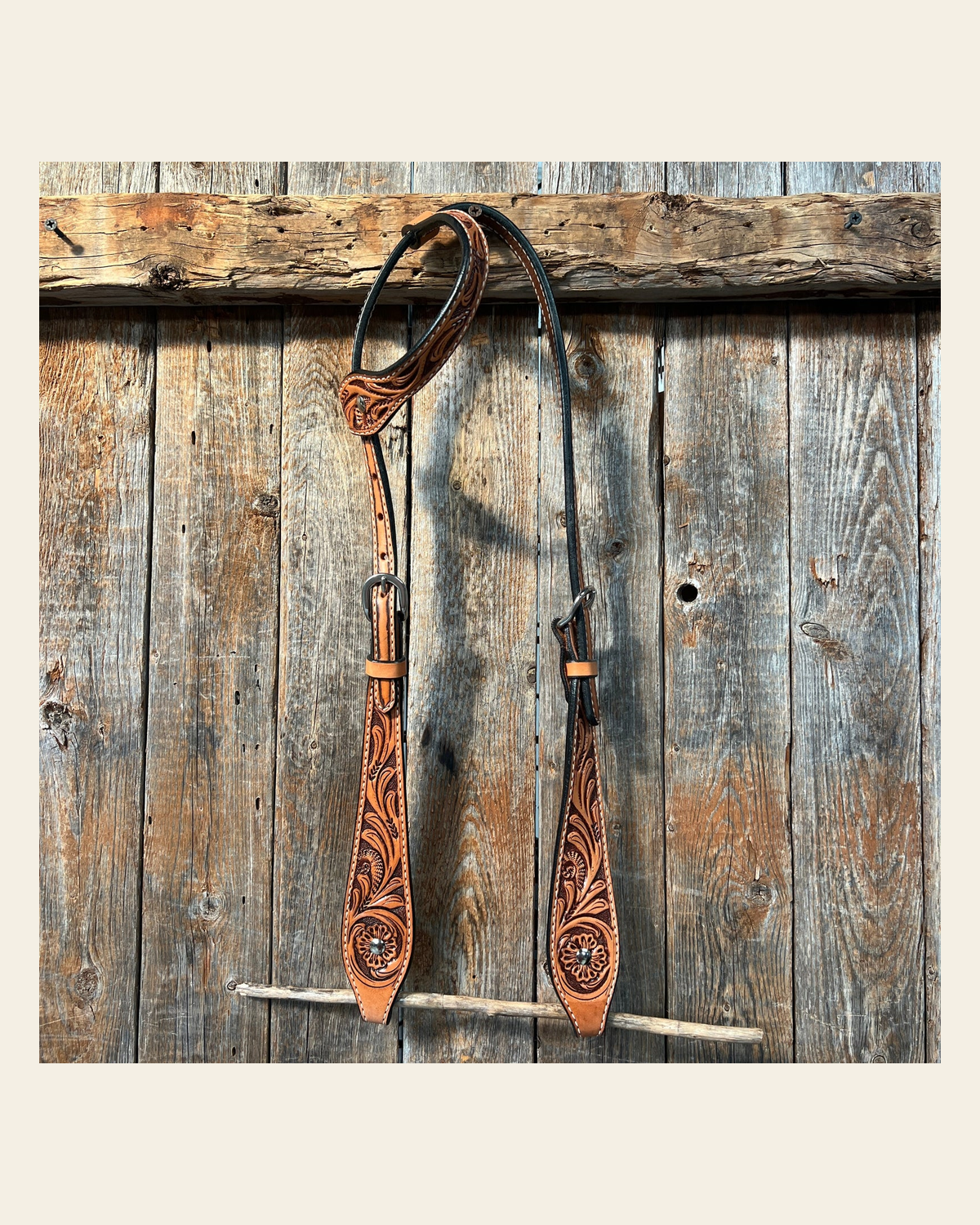 Light Oil Floral Tooled Buckaroo Style One Ear Headstall / Bridle on a warm cream background
