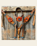 Light Oil Floral Tooled Orange and Teal Browband & Breastcollar Tack Set #BBBC427 on a warm cream background