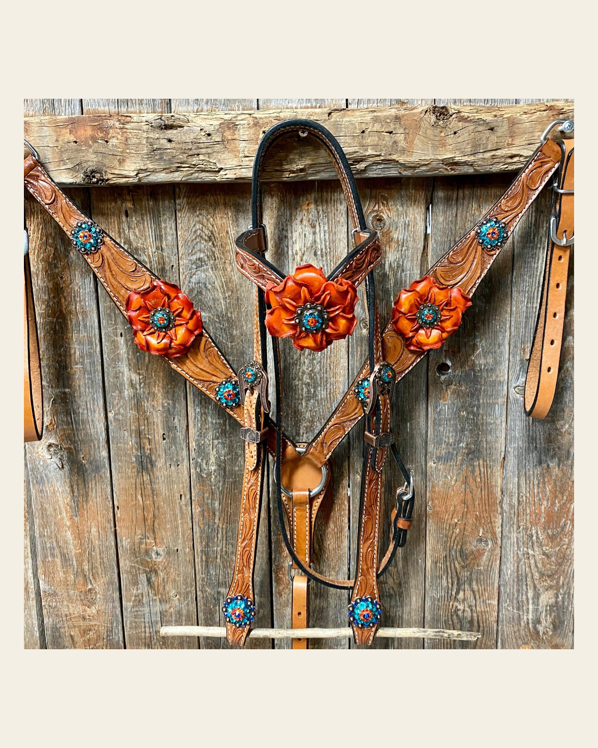 Light Oil Floral Tooled Orange and Teal Browband & Breastcollar Tack Set #BBBC427 on a warm cream background