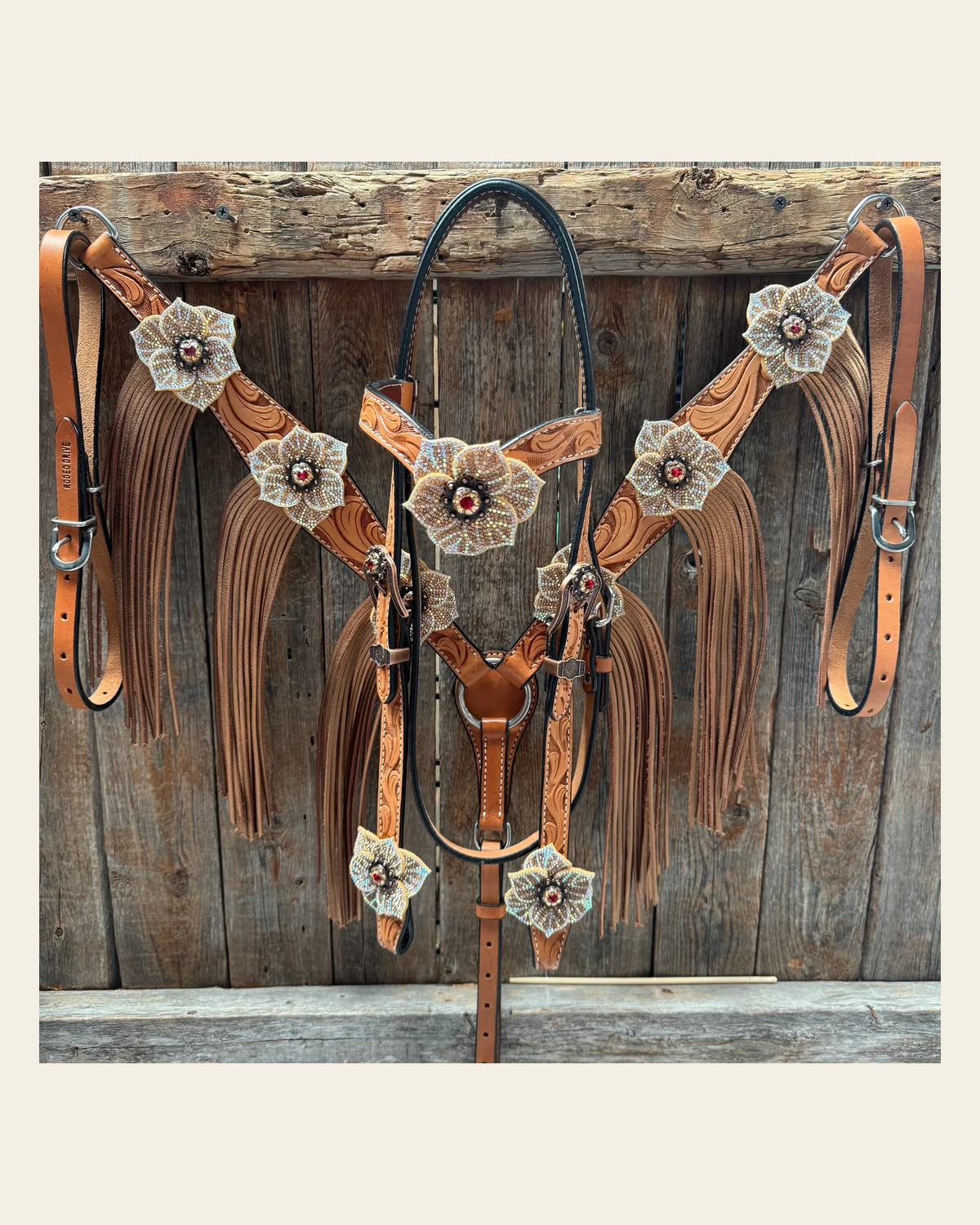 Light Oil Floral Tooled Ruby and Champagne Browband & Breastcollar Tack Set #BBBC461 on a warm cream background