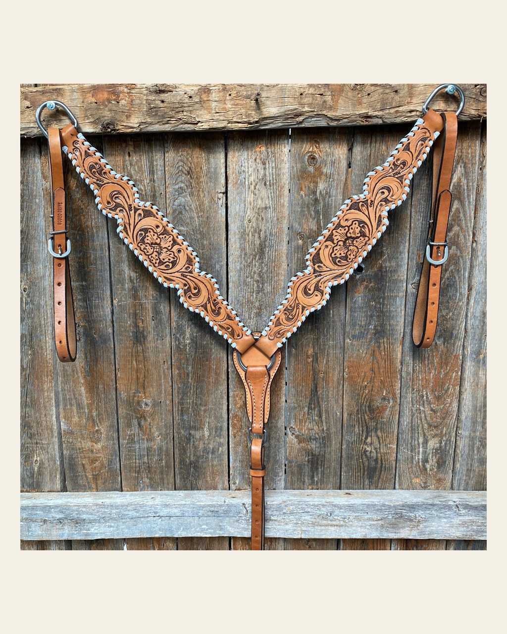 Light Oil Floral Tooled - White Whipstitch Breastcollar on a warm cream background