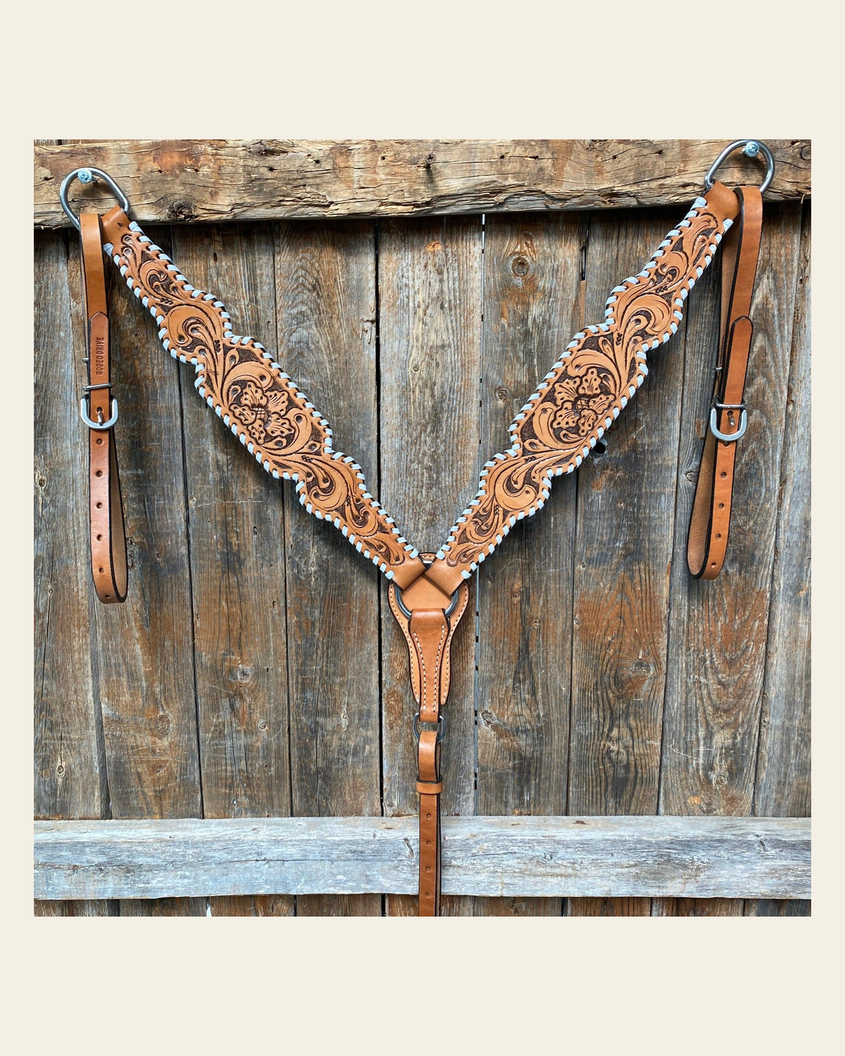 Light Oil Floral Tooled - White Whipstitch Breastcollar on a warm cream background