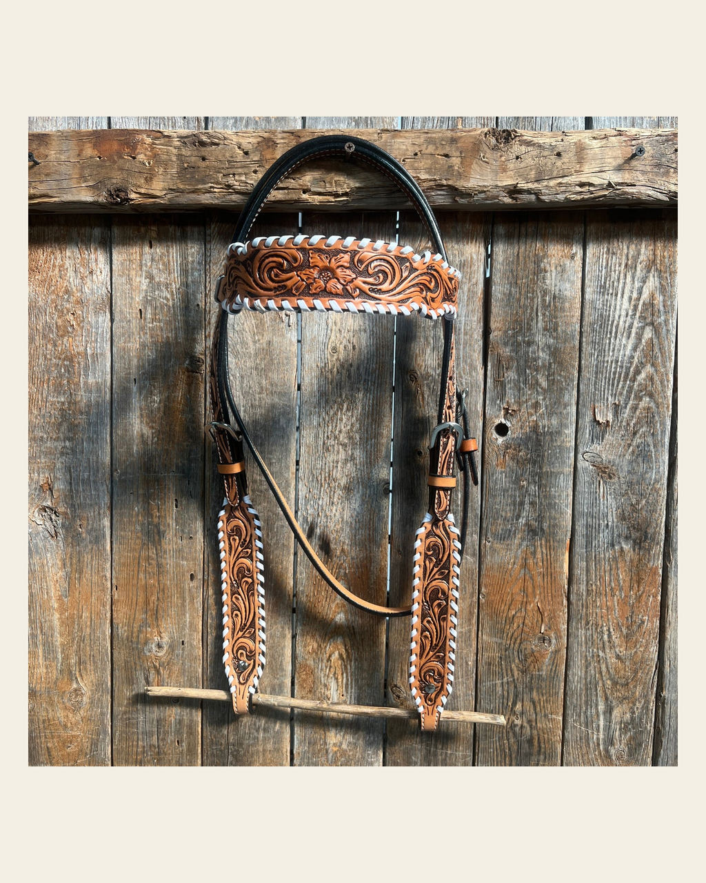 Light Oil Floral Tooled with White Whipstitch Browband Headstall / Bridle on a warm cream background