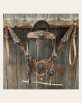 Light Oil Floral Whipstitch and Turquoise Browband/ One Ear Triangle / Gladiator Breastcollar Tack Set #BBBC641 on a warm cream background