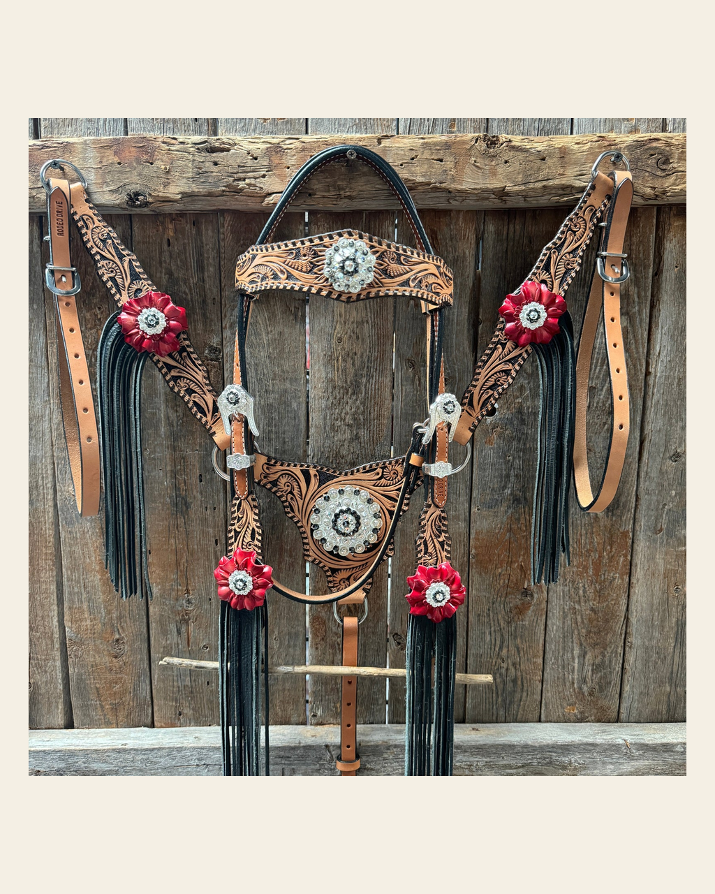 Floral Whipstitch Black and Red Browband / One Ear - Triangle / Gladiator Breastcollar Tack Set #BBBC642 on a warm cream background