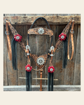 Floral Whipstitch Black and Red Browband / One Ear - Triangle / Gladiator Breastcollar Tack Set #BBBC642 on a warm cream background