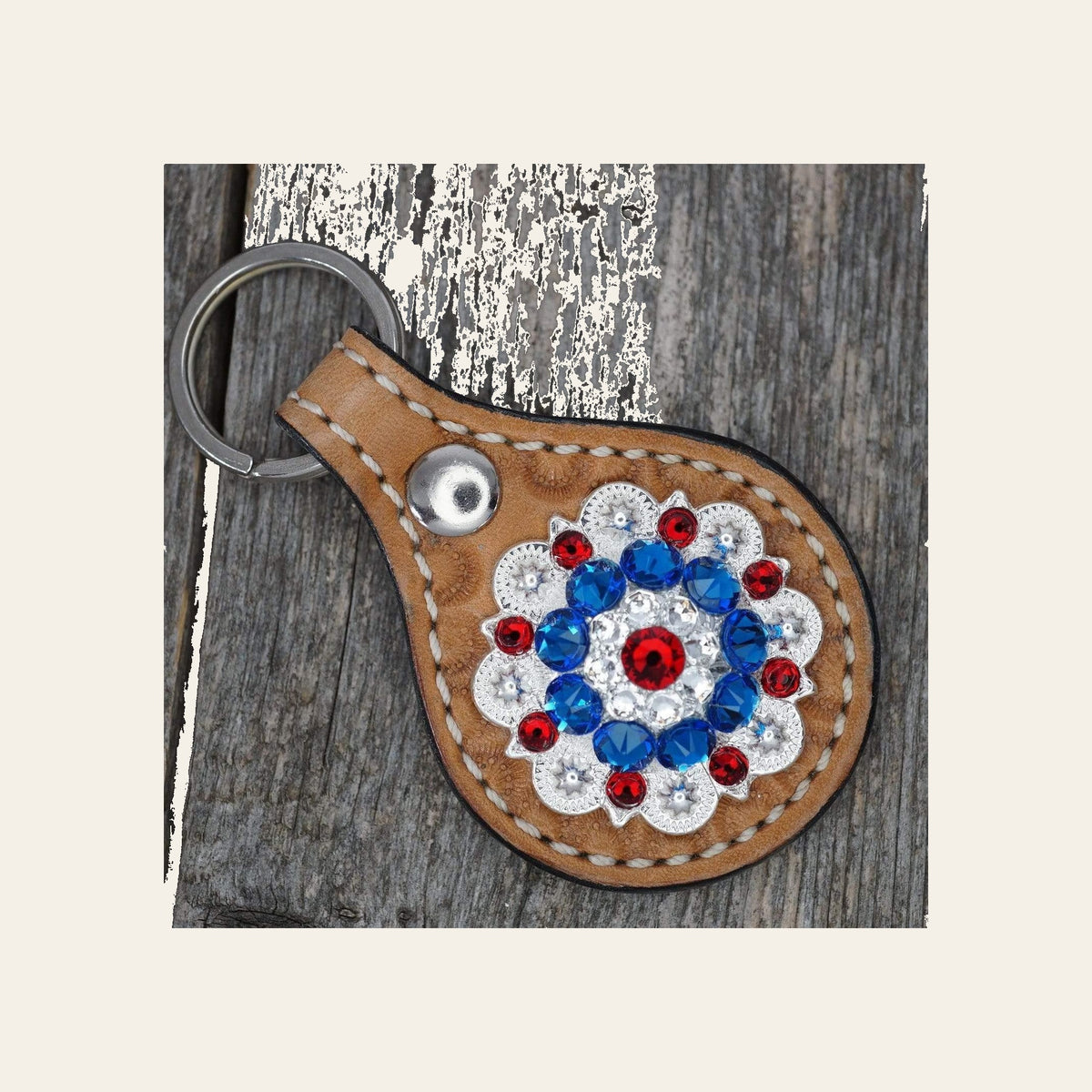 Light Oil Key Chain with Red, White, and Blue European Crystal Concho