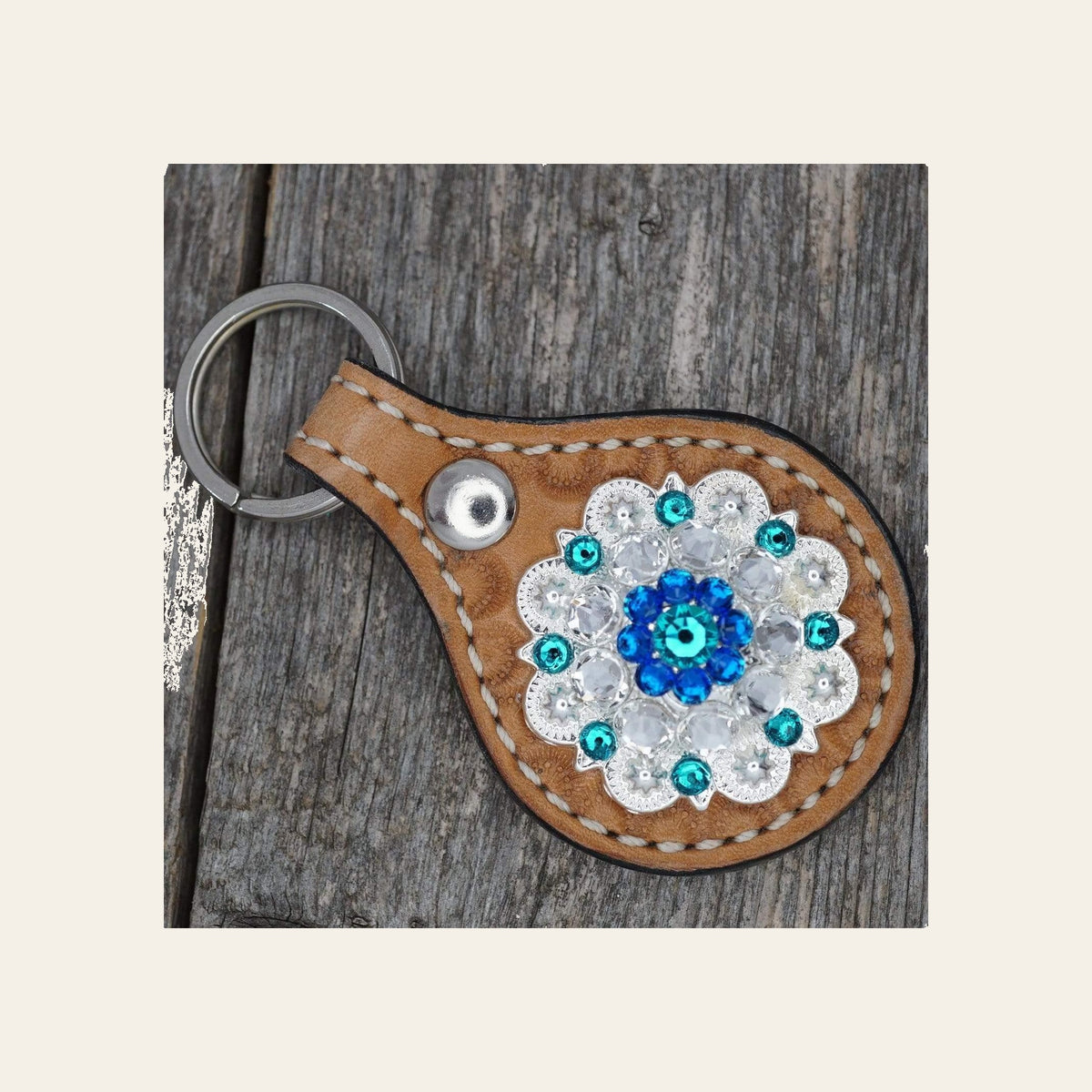 Light Oil Key Chain with Teal European Crystal Concho