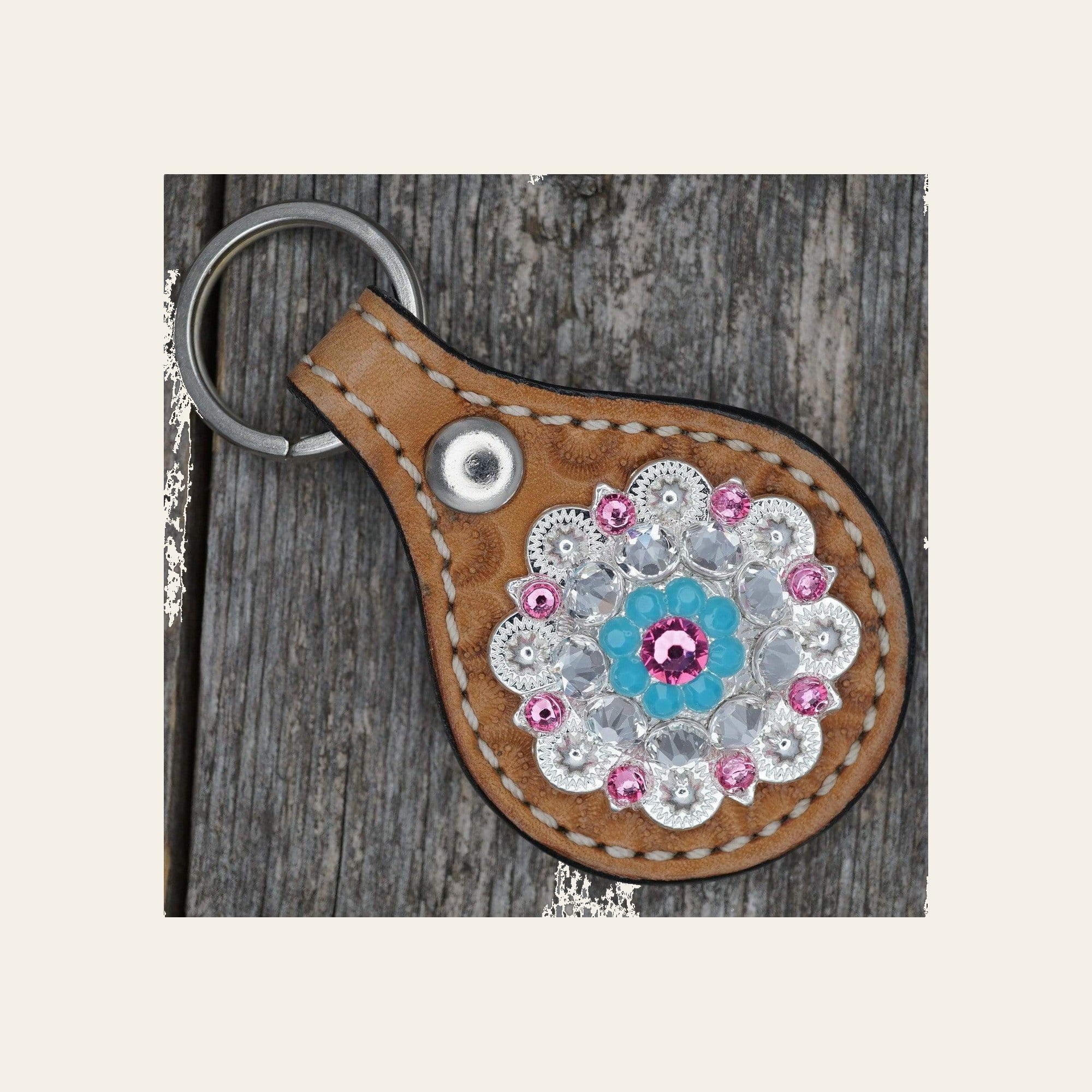 Light Oil Key Chain with Turquoise and Pink European Crystal Concho