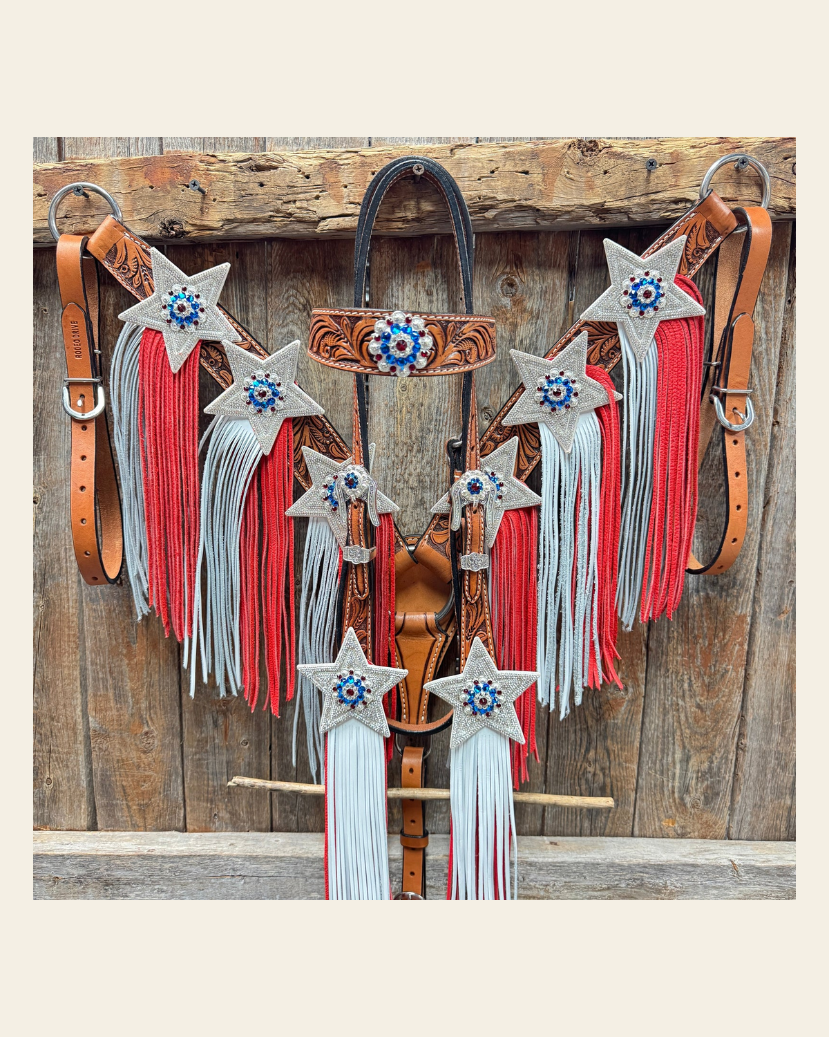 Light Oil Roper Rhinestone and Patriotic Browband/One Ear Tack Set #BBBC664 on a warm cream background