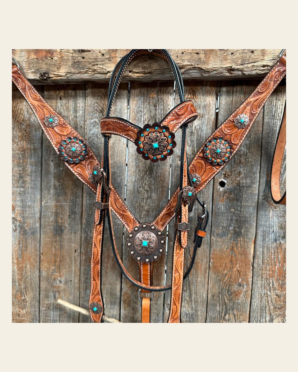 Light Oil V Brow Copper and Turquoise Browband & Breastcollar Tack Set #BBBC557 on a warm cream background