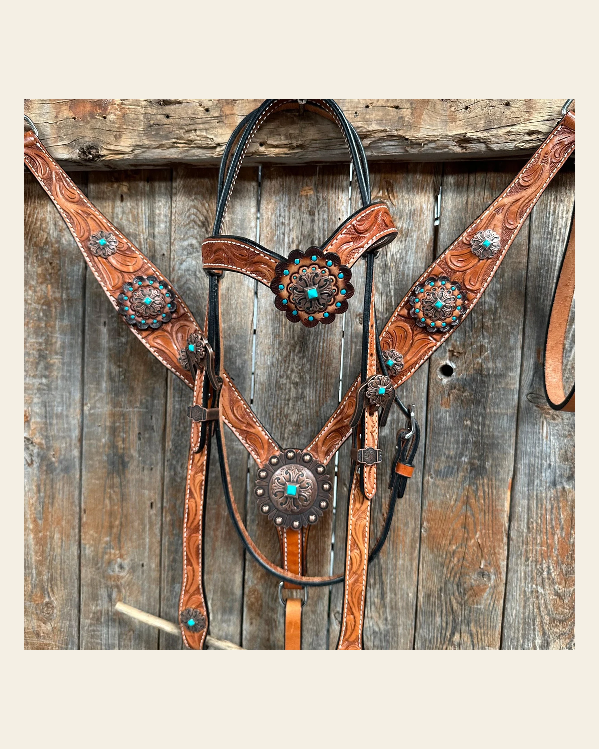 Light Oil V Brow Copper and Turquoise Browband & Breastcollar Tack Set #BBBC557 on a warm cream background
