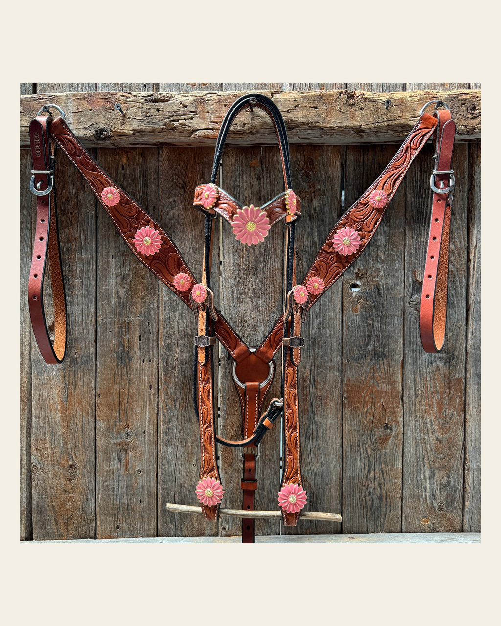 Light Oil V Brow Pink Flower Browband & Breastcollar Tack Set #BBBC680 on a warm cream background