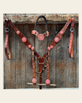 Light Oil V Brow Pink Flower Browband & Breastcollar Tack Set #BBBC680 on a warm cream background