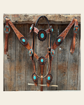 Light Oil V Brow Turquoise Cabochons Browband & Breastcollar Tack Set #BBBC681 on a warm cream background