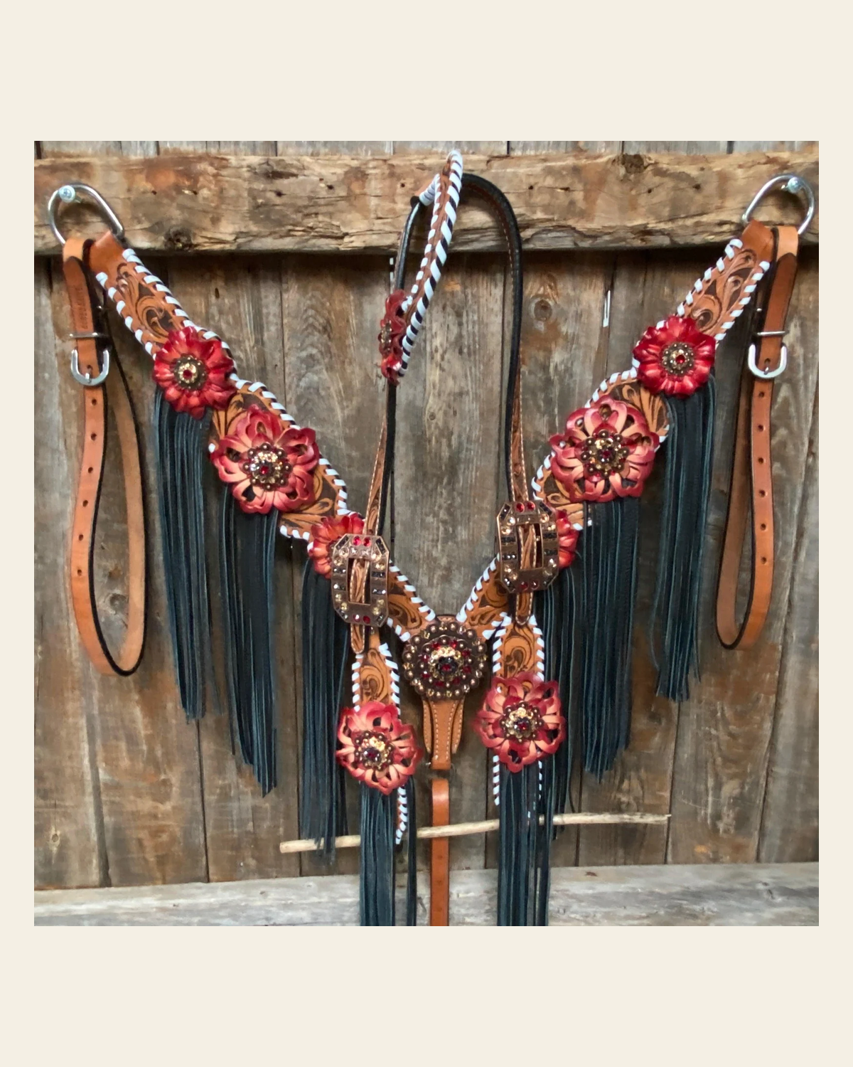 Light Oil Whipstitch Black and Red One Ear & Breastcollar Tack Set #OEBC460 on a warm cream background