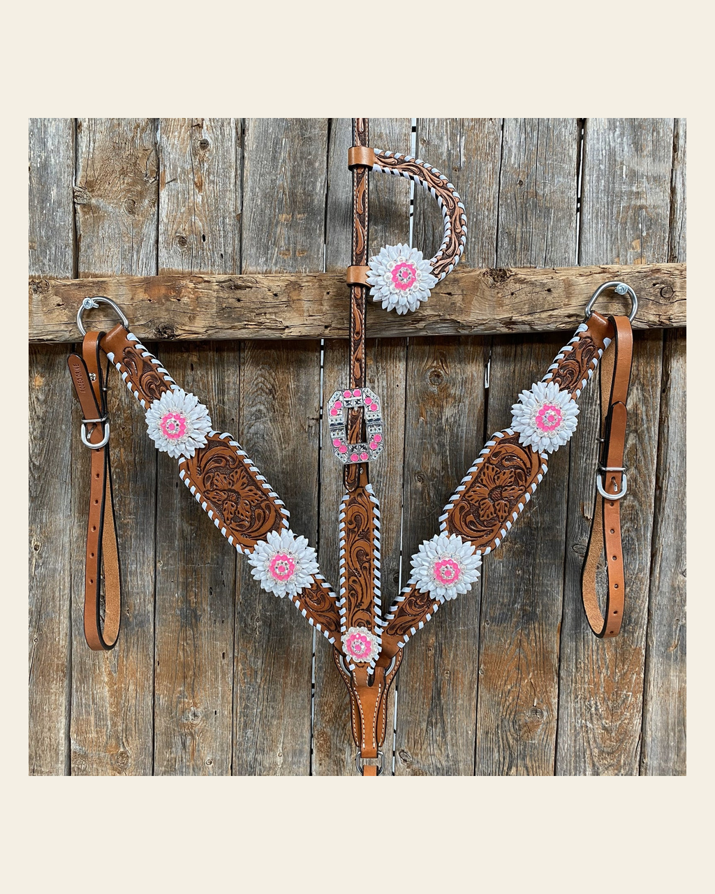 Light Oil Whipstitch Neon and White One Ear/ Breastcollar Tack Set #OEBC561 on a warm cream background