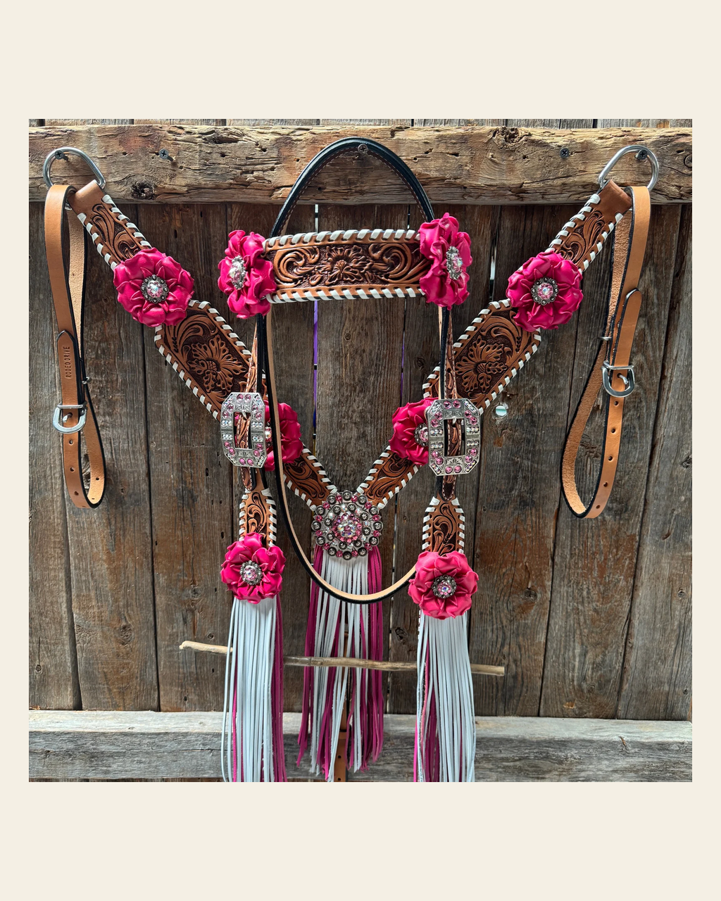 Light Oil Whipstitch Pink and White One Ear & Breastcollar Tack Set #OEBC437 on a warm cream background