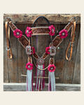 Light Oil Whipstitch Pink and White One Ear & Breastcollar Tack Set #OEBC437 on a warm cream background
