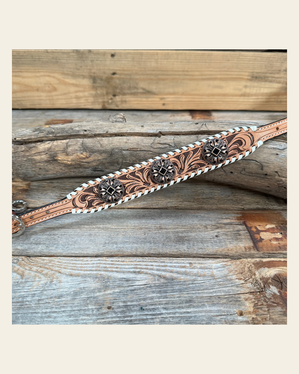 Light Oil Whipstitch Wither Strap #WS118 on a warm cream background