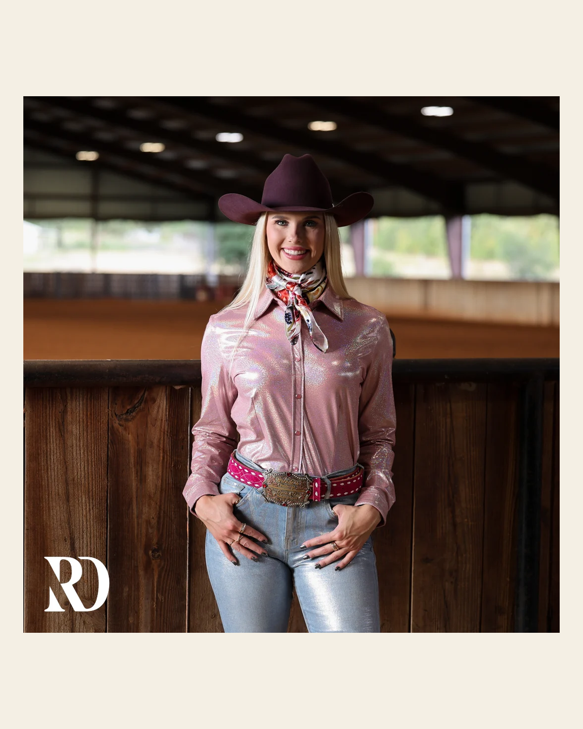 Light Rose Sparkle Performance Rodeo Shirt on a warm cream background