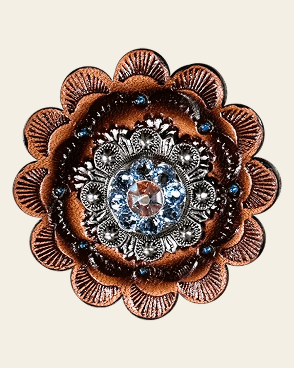 Light Sapphire & AB Antique Silver 1" European Crystal Concho and Leather Rosette on a warm cream background