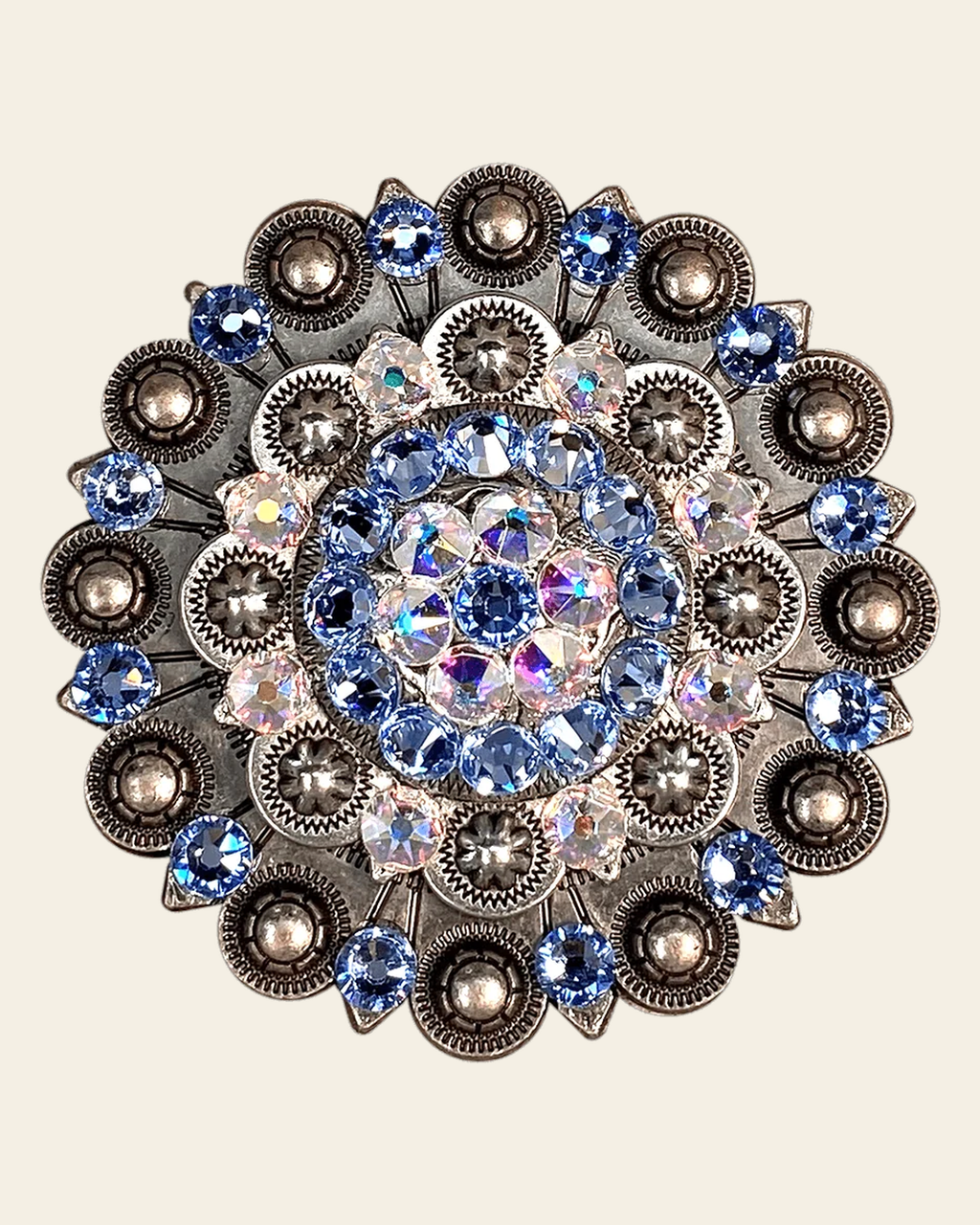 Light Sapphire & AB Antique Silver Berry Jacket European Crystal Concho on a warm cream background