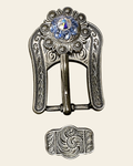 Light Sapphire & AB Antique Silver Buckle Keeper Set European Crystal Concho on a warm cream background