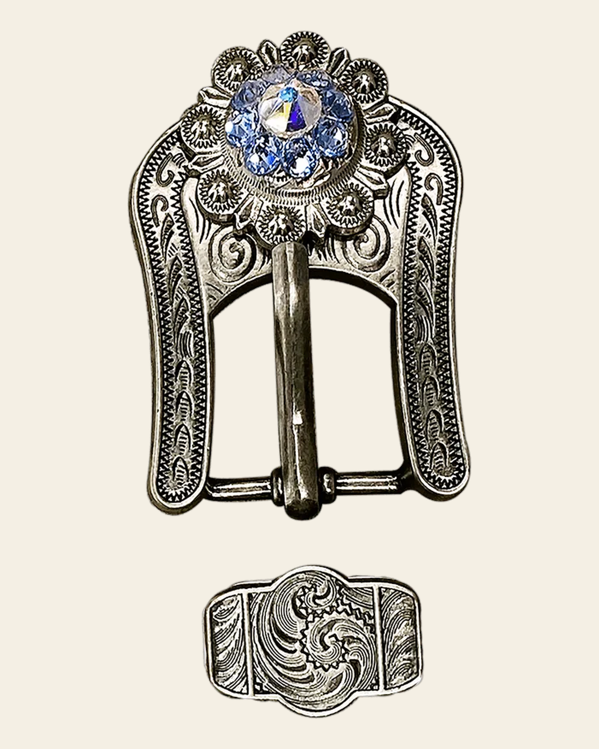 Light Sapphire & AB Antique Silver Buckle Keeper Set European Crystal Concho on a warm cream background