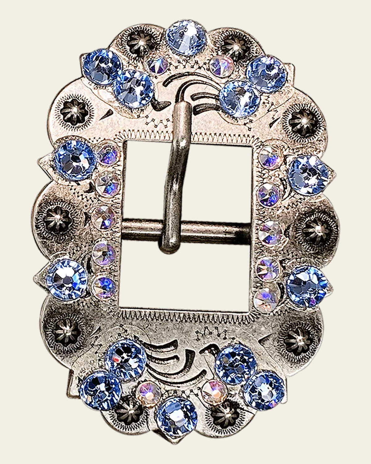 Light Sapphire & AB Antique Silver Cart Buckle European Crystal Concho on a warm cream background