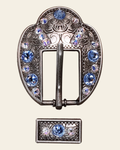 Light Sapphire & AB Antique Silver Fancy Buckle European Crystal Concho on a warm cream background